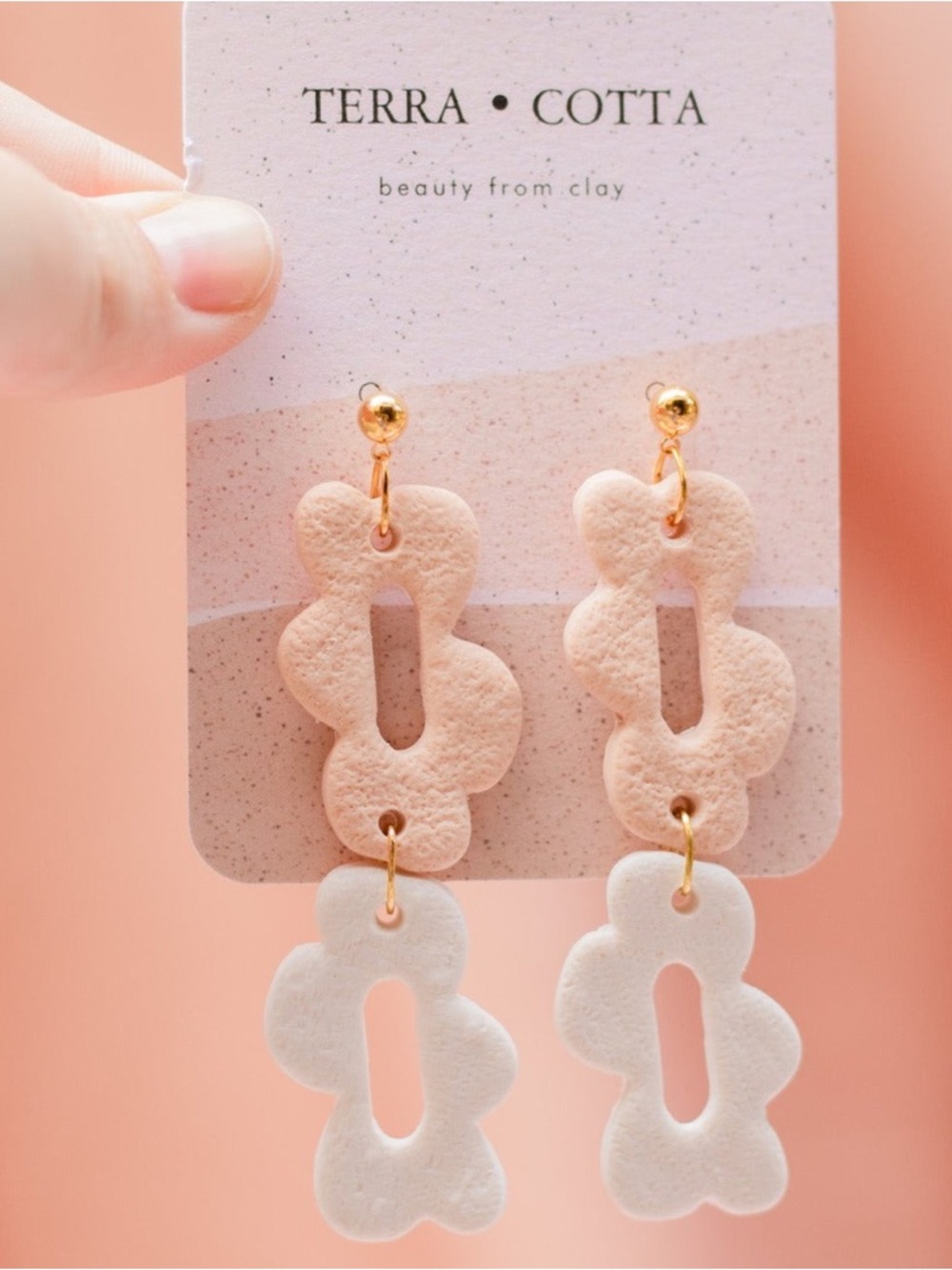 Terra Cotta Pink & White Floral Drop Earrings